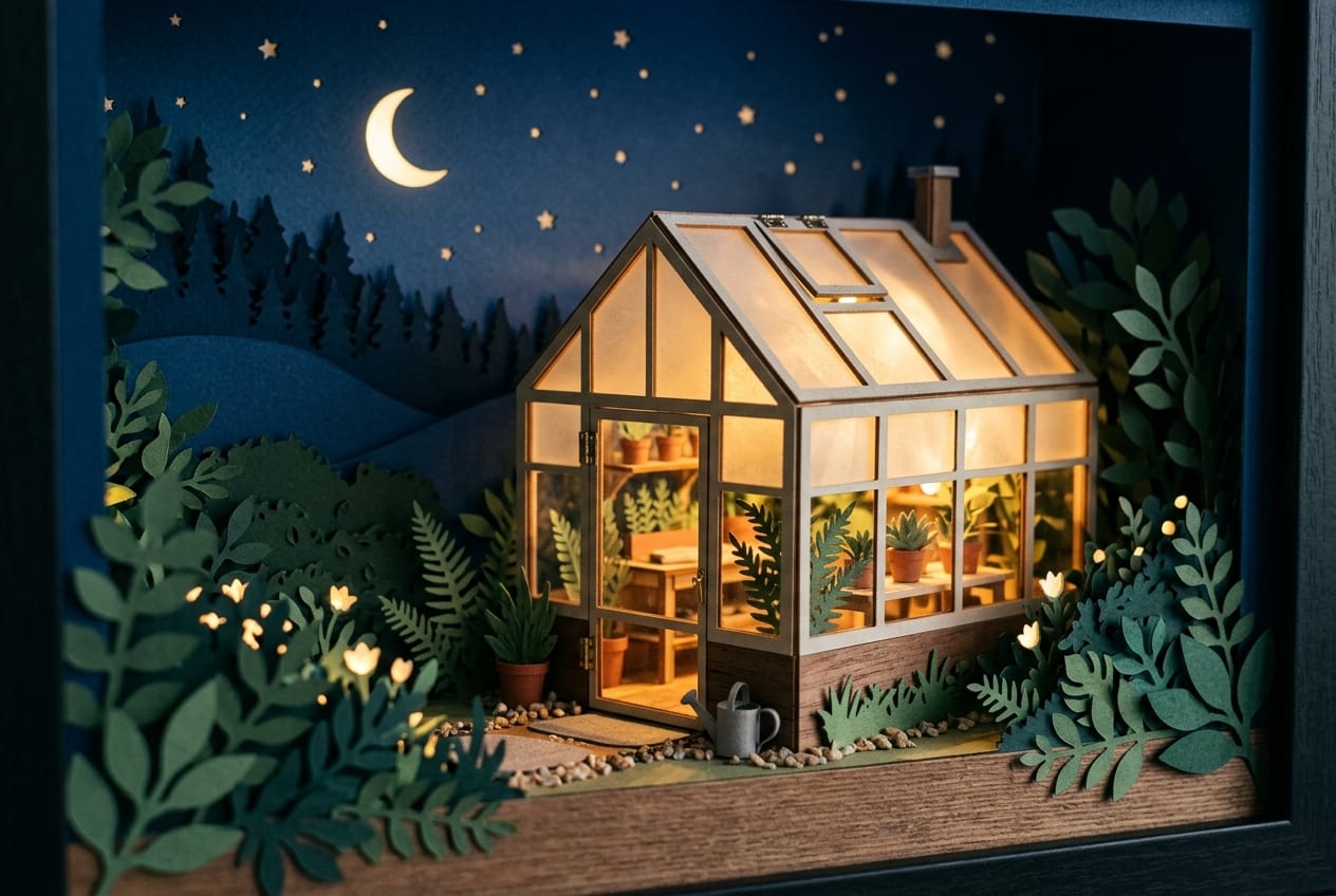 Paper greenhouse at night