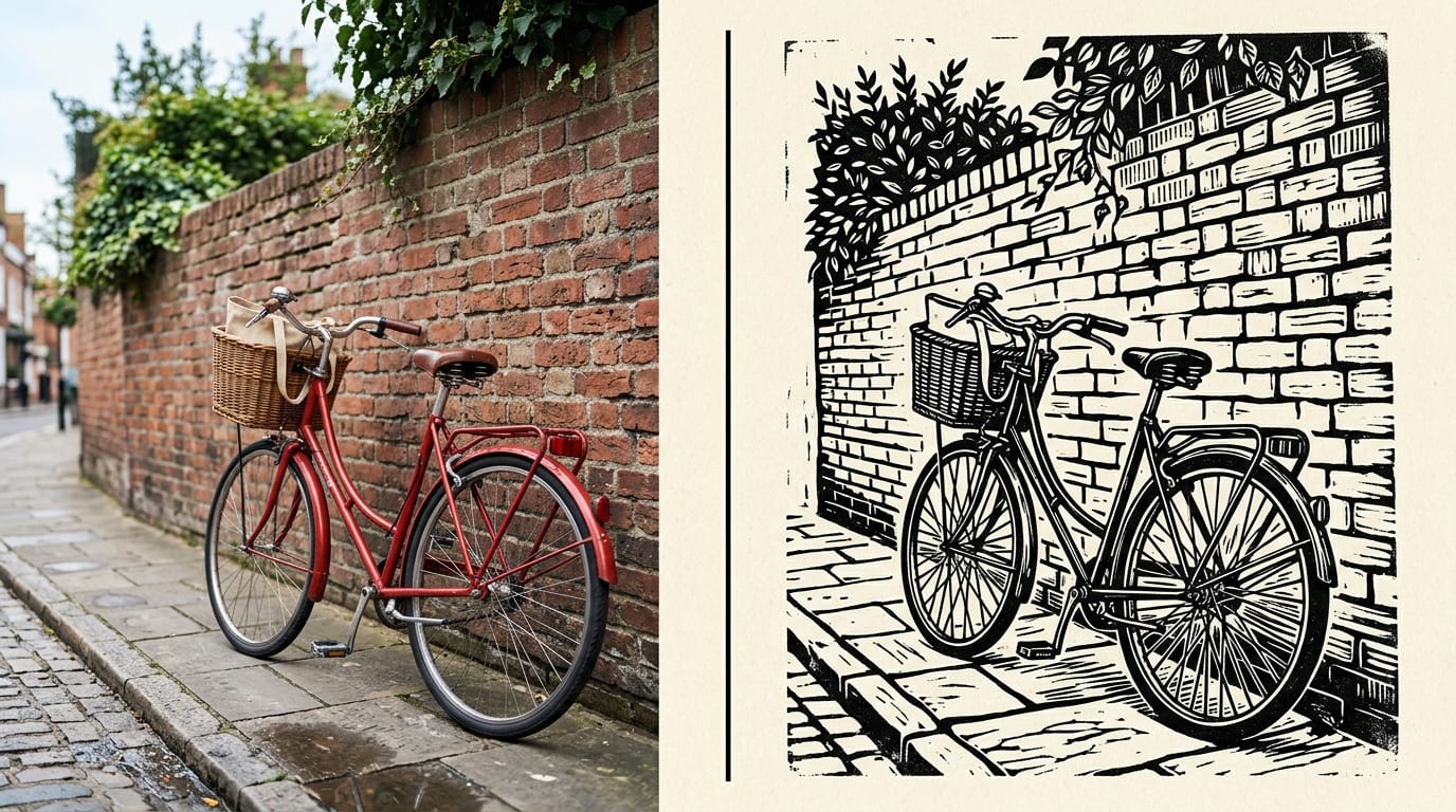 Style transfer: the same bicycle photo as a linocut print